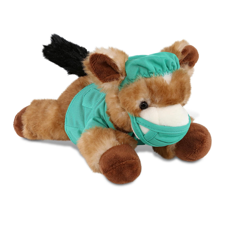 Brown Donkey Doctor Plush Toy with Scrub Uniform and Cap 9 Inches Green Polyester