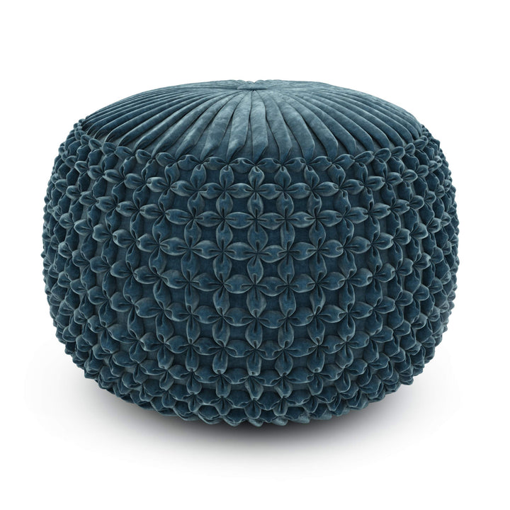 SIMPLIHOME Renee 20 Inch Boho Round Pouf in Teal Velvet Fabric, For the Living Room, Bedroom and Kids Room