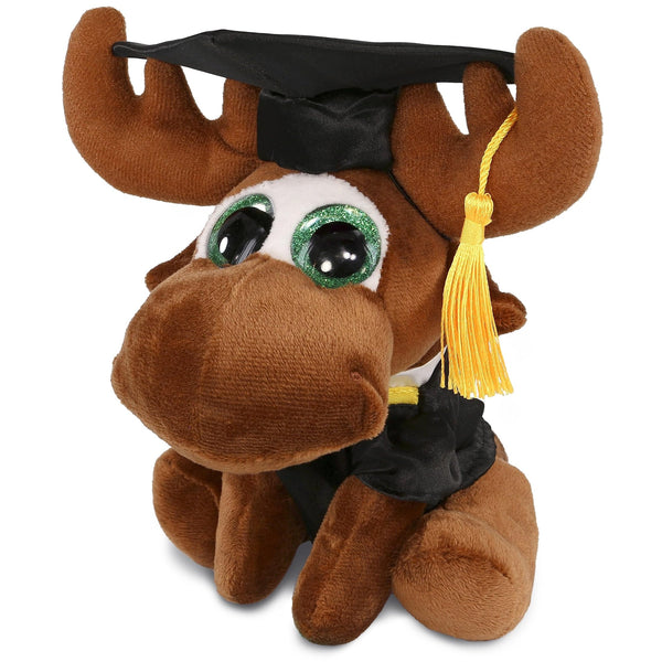 Sparkle Eyes Moose Graduation Plush Toy with Gown and Cap 6 Inches Black Brown Polyester