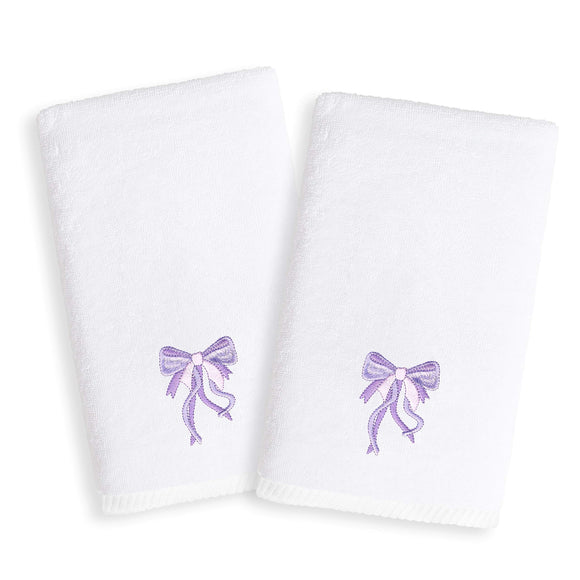 Kids Purple Bow Embroidered White Turkish Cotton Hand Towels (Set of 2) Novelty