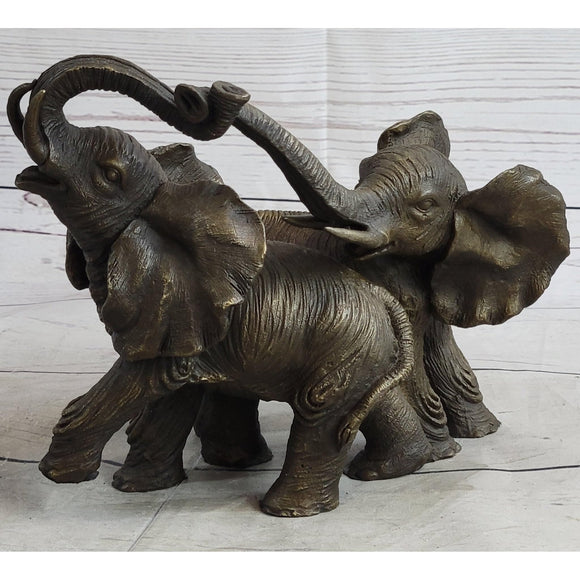 Baby Elephants Playing Hot Cast Bronze Metal Figurine Sculpture Statue Brown Finish Handmade