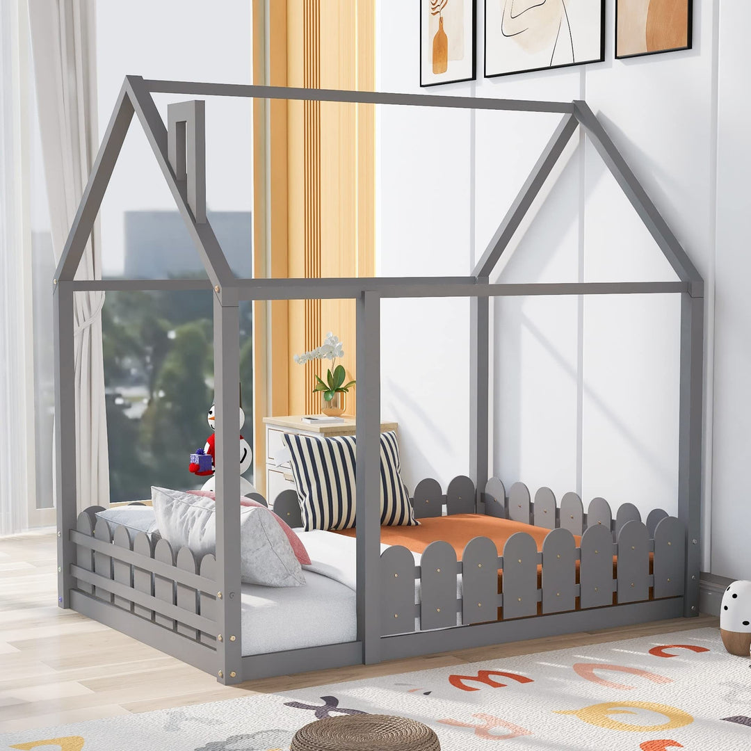 (Slats are Not Included) Full Size Wood Bed House Frame with Fence for Kids Teens Girls Boys (Gray) Grey Modern Contemporary Finish Includes Hardware