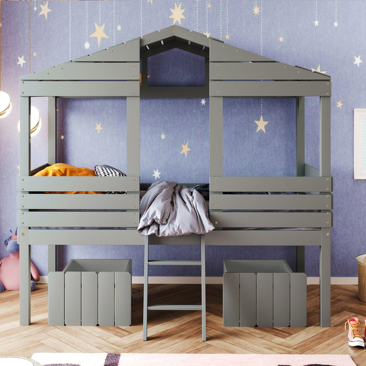 Twin Size Bed for Kids Low Loft with 2 Storage Drawers Roof and