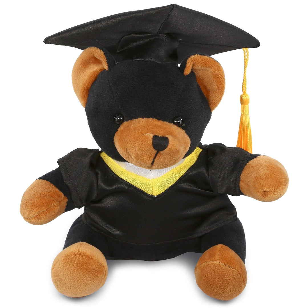 Black Bear Graduation Plush Toy with Gown and Cap Tassel 6.5 Inches Brown Yellow Polyester