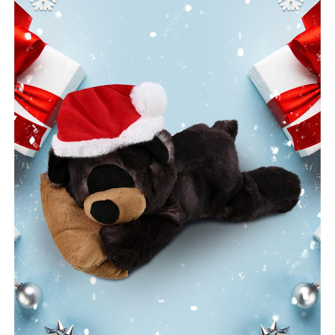 Santa Sleeping Black Bear with Pillow Plush Outfit 10.5 Inches Brown