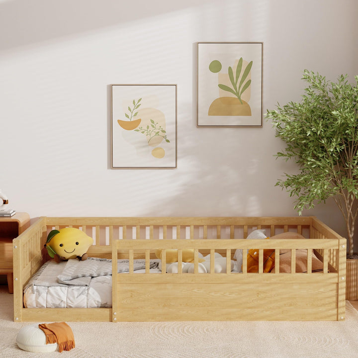 Twin Size Wood Kids Floor Beds Frame with Fence and High Guardrails Natural Modern Contemporary