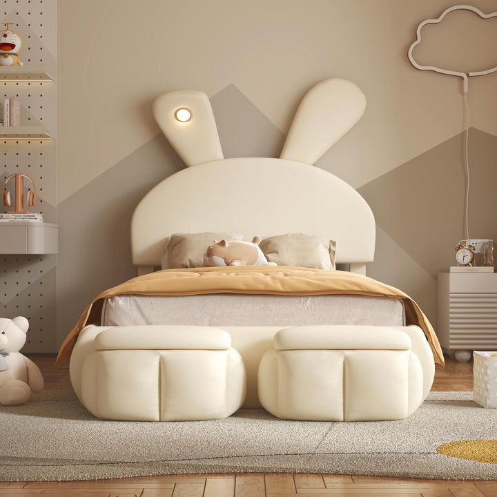 Twin Size Velvet Upholstered Platform Bed W/Cartoon Ears Shaped Headboard Light Kids Cute Frame W/2 Small Storage Stools Beige Modern Contemporary Unisex Nature Space Wood Finish