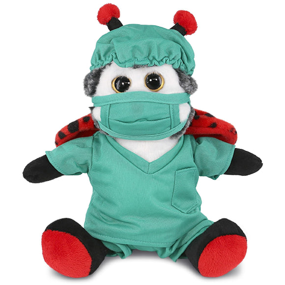 Sitting Ladybug Doctor Plush with Cute Scrub Uniform and Cap 9 Inches Black Red White Polyester