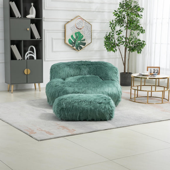 Bean Bag Chair Fur Lazy Sofa with Ottoman Green Solid Modern Contemporary Foam Includes Hardware Padded Seat