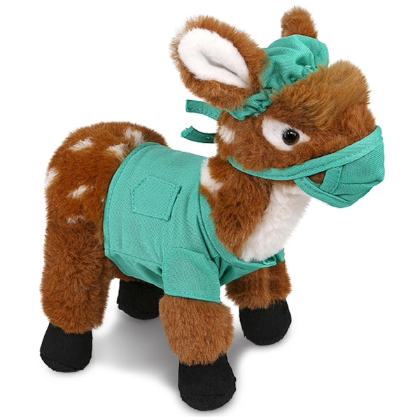 Standing Deer Small Doctor Plush Toy W/Scrub Uniform and Cap 10 Inches Brown Green White Polyester