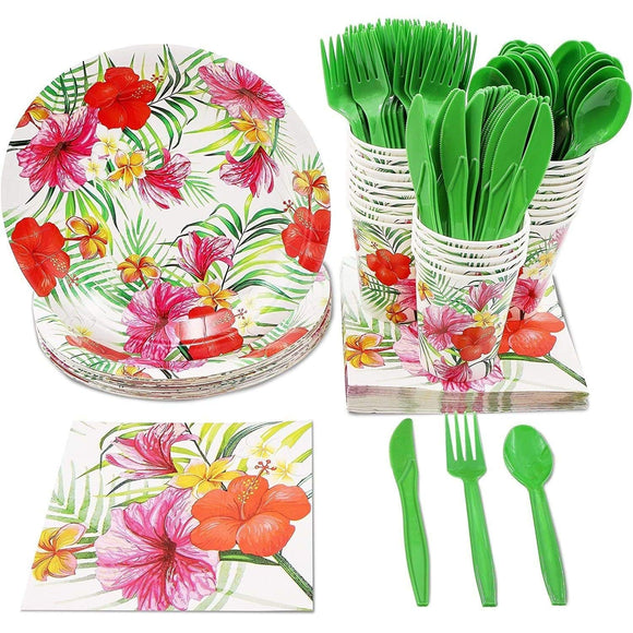 24 Set Hawaiian Dinnerware Party Supplies for Birthday Event Summer Multi Color Floral Casual Over 60 Piece