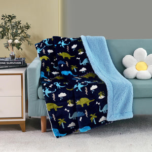 Printed Flannel Fleece Throw Sherpa Kids Blanket 40 X 50 Inch Dinosaur Zoo with Navy Blue Base Graphic Print Modern Contemporary Boys Reversible