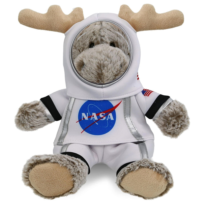 Sitting Moose Astronaut Plush with Space Helmet and Suit 8 Inches Brown White Polyester