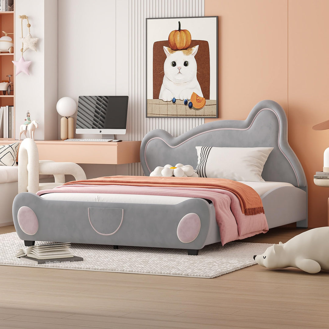 Full Velvet Platform Bed Frame with Bear-Shaped Headboard Bed-end