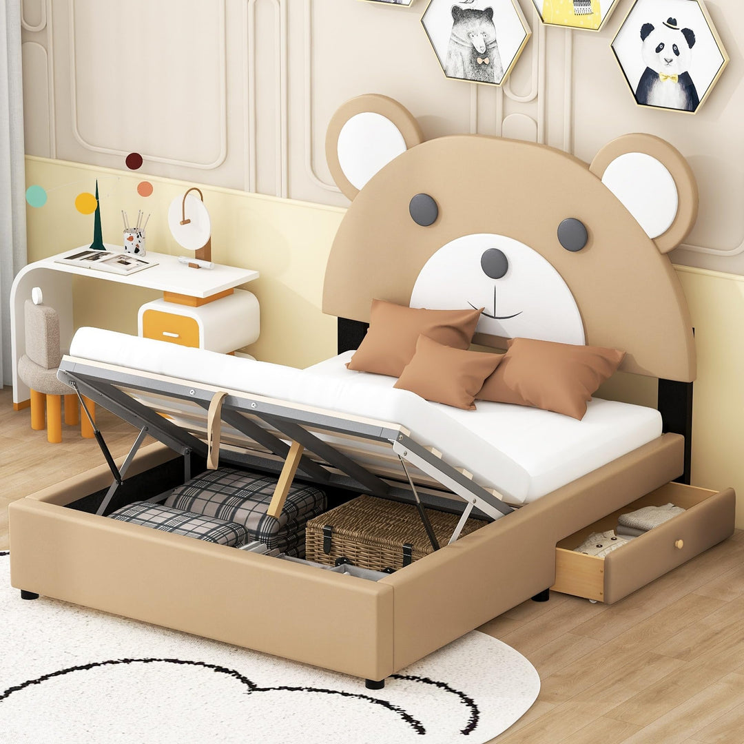 Twin Size Upholstery Platform Bed Frame with Cute Bear Shaped Headboard Two Storage Drawers Pu Kids Brown Modern Contemporary Animals Upholstered Included