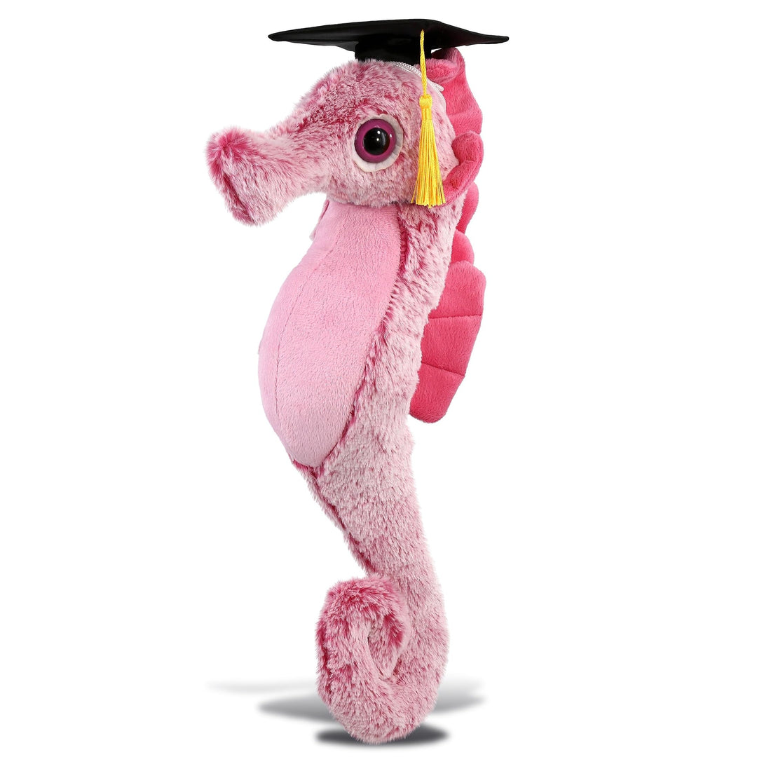 Pink Seahorse Graduation Plush with Cap Tassel 15 Inches Black Yellow Polyester