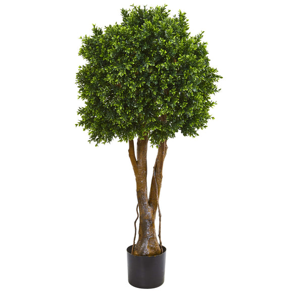 Nearly Natural 46IN Artificial Boxwood Topiary Tree or Indoor or Outdoor Home Décor, Fake Plant Front Porch Decoration with Natural Trunk and Realistic Leaves in Black Nursery Planter