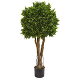 Nearly Natural 46IN Artificial Boxwood Topiary Tree or Indoor or Outdoor Home Décor, Fake Plant Front Porch Decoration with Natural Trunk and Realistic Leaves in Black Nursery Planter