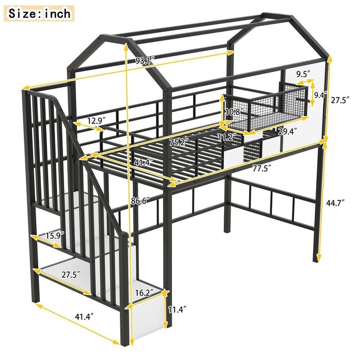 Stairway Twin Size House Loft Bed with Stairs and Storage Box Black