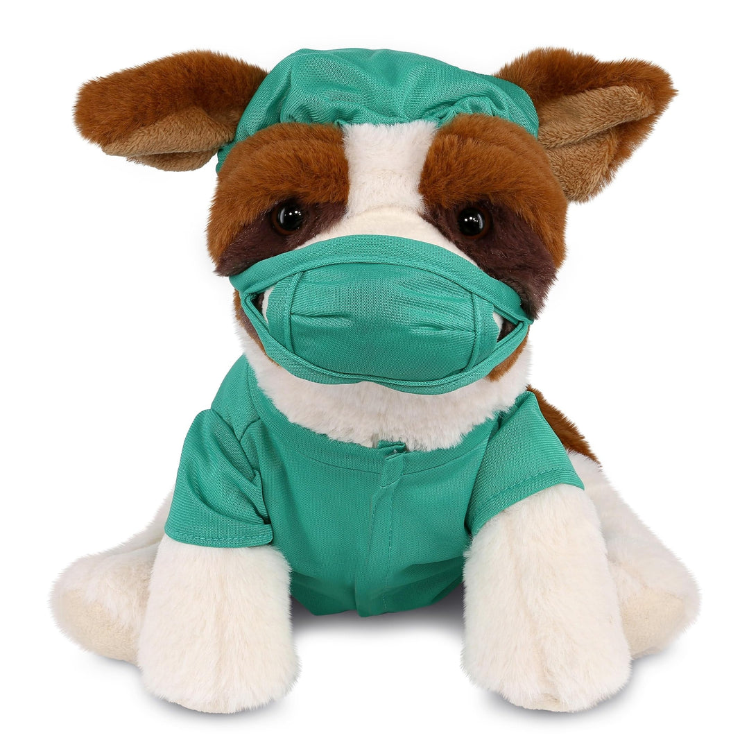 Dog Doctor Plush with Cute Scrub Uniform and Cap 8 Inches Brown Green White Polyester