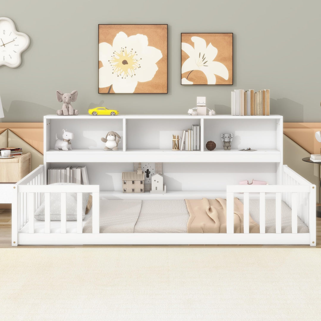 Kids Floor Bed Twin Size Pine Wood Frame with Bookcase and Shelves Guardrails for Girls Boys White Modern Contemporary Unisex Nature Natural Finish