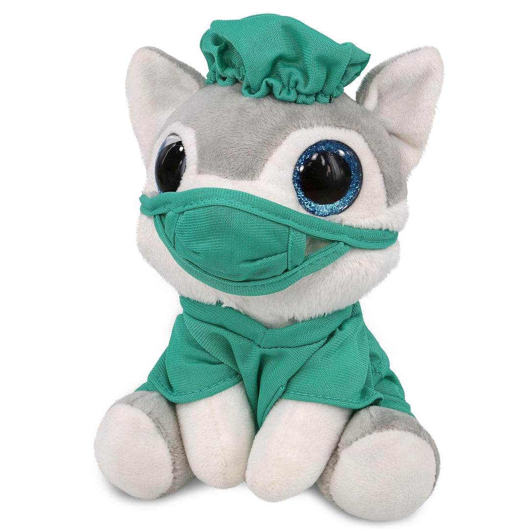 Small Wolf Sparkle Eyes Doctor Plush W/Scrub Uniform and Cap 8 Inches Green Grey White Polyester