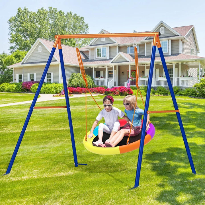 Saucer Swing with Stand for Kids Outdoor Set Heavy-Duty 40 in Blue Girls Metal Swings