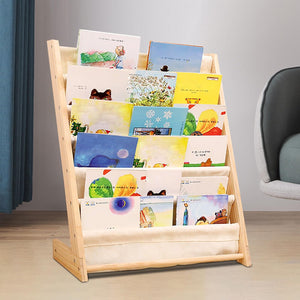 Kids Canvas Sling Bookshelf Children's Bookcases and Storage 6 Tiers Yellow Modern Contemporary Wood Finish Handmade