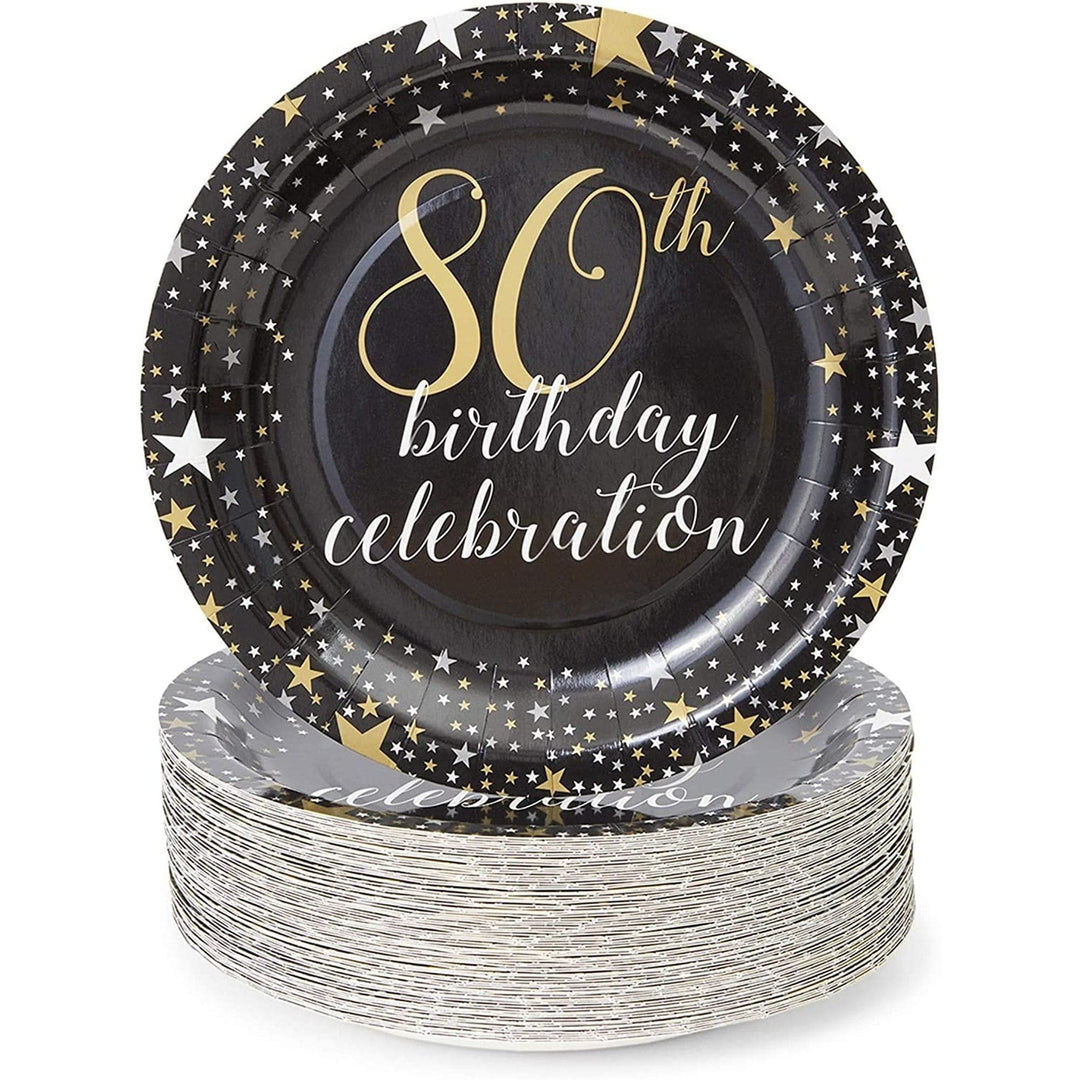 80th Birthday Party Paper Plates (9 Inches 80 Pack) Black Holiday Formal Round Plastic