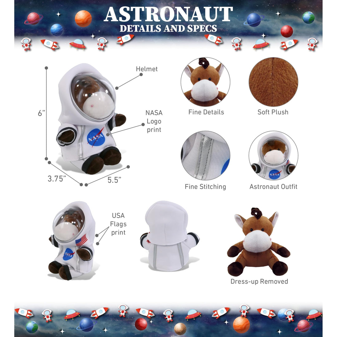 Horse Astronaut Plush Toy with Space Helmet and Suit 6 Inches Brown