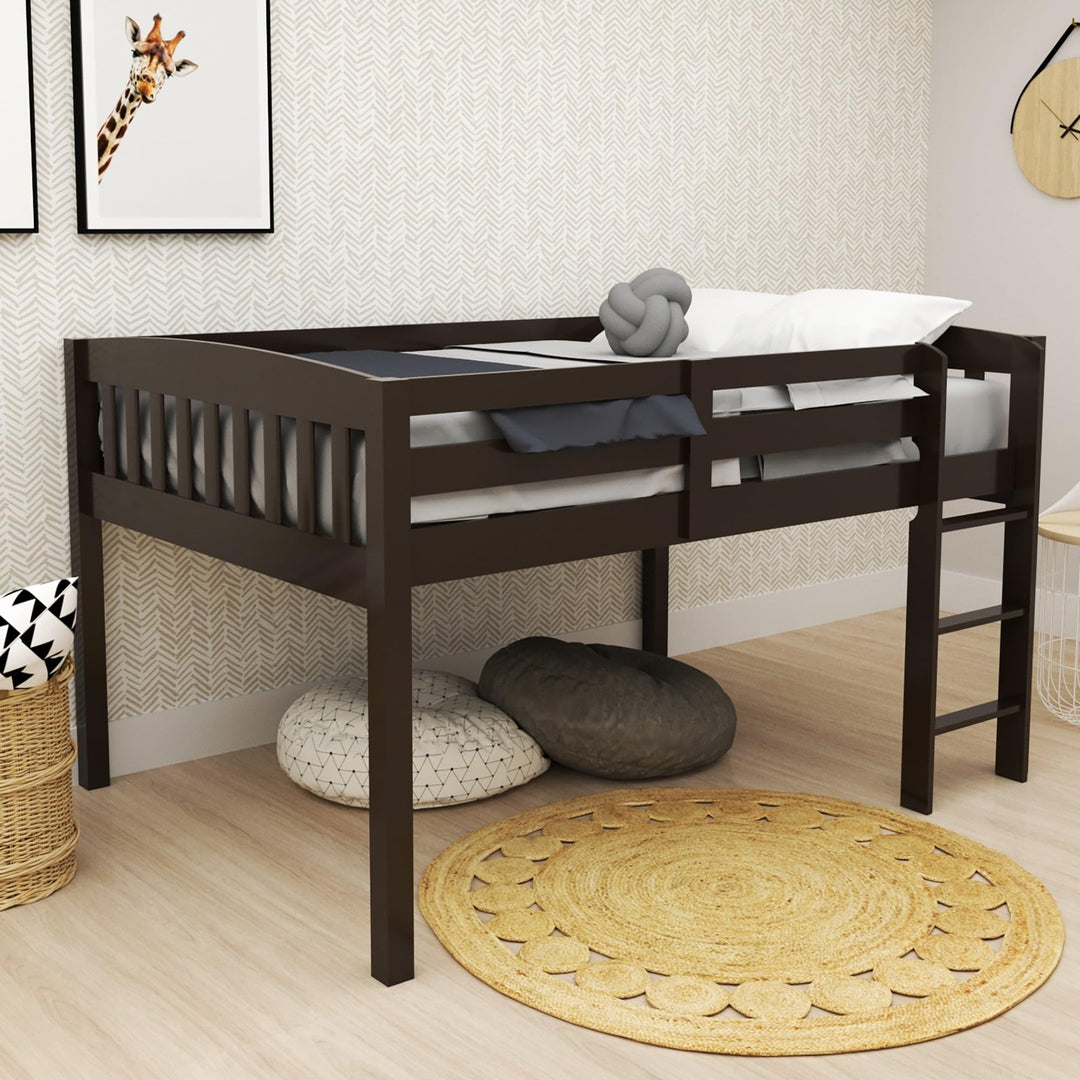 Cappuccino Full Size Low Loft Bed with Stairs and Storage No Box Spring Needed Black Modern Contemporary Construction Wood Finish Includes Hardware