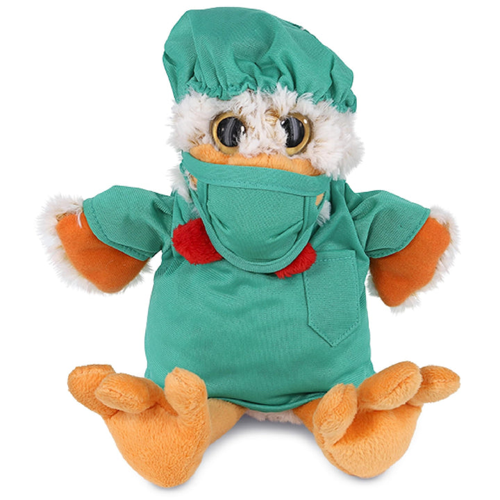 Sitting Rooster Doctor Plush with Cute Scrub Uniform and Cap 9 Inches Green Orange White Polyester