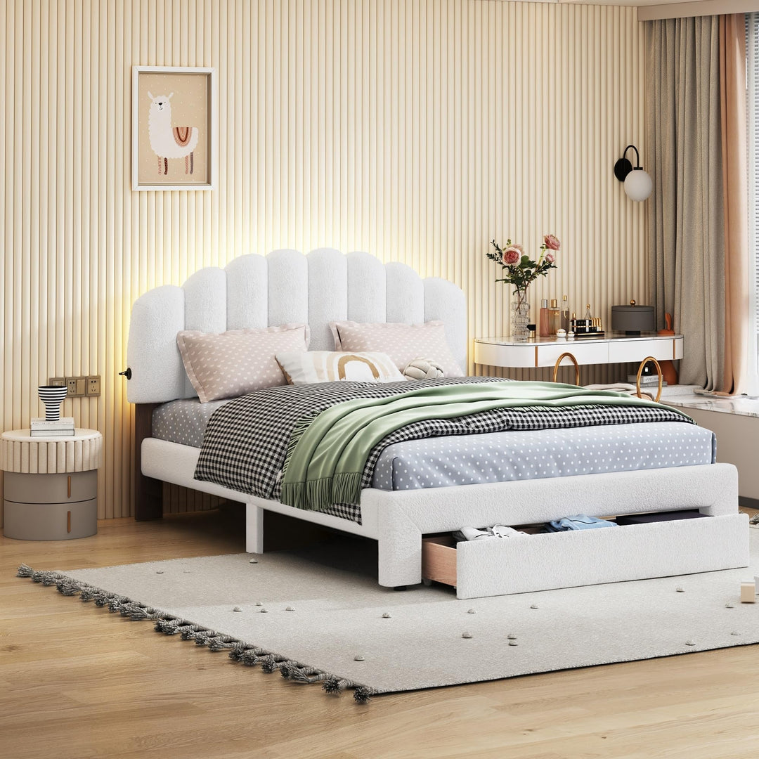 Queen Size Upholstered Platform Bed Teddy Fleece Frame with Drawer for Kids Teens Adults White Modern Contemporary Natural Includes Hardware Tufted