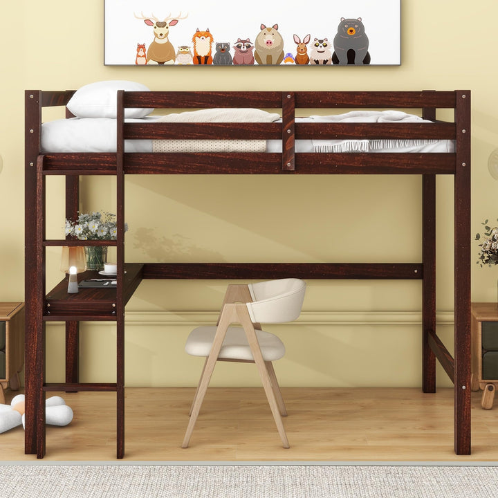 Twin Size Pine Wood Loft Bed Frame with Built-in Desk Kids Ladder