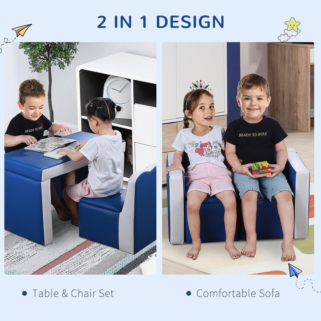 Kids Sofa Set 2-in-1 Multi-Functional Toddler Table Chair Blue