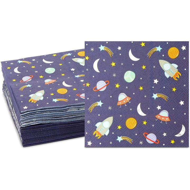 Rocket Ship Napkins for Outer Space Birthday Party (Blue 5 X in 50 Pack) Blue Square Synthetic Fiber