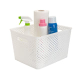 Simplify Large Resin Wicker Tote | Storage Bin | Plastic Organizer | Carrying Handles | Bathroom | Pantry | Accessories | Toys | White