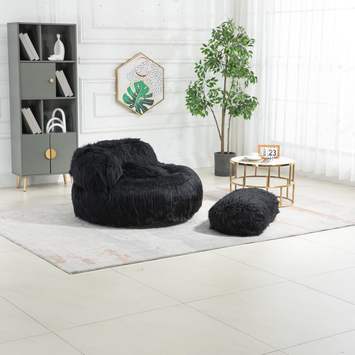 Bean Bag Chair Fur Lazy Sofa with Ottoman Memory Sponge for Living Room Bedroom Apartment Black Solid Modern Contemporary Foam Includes Hardware Padded Seat