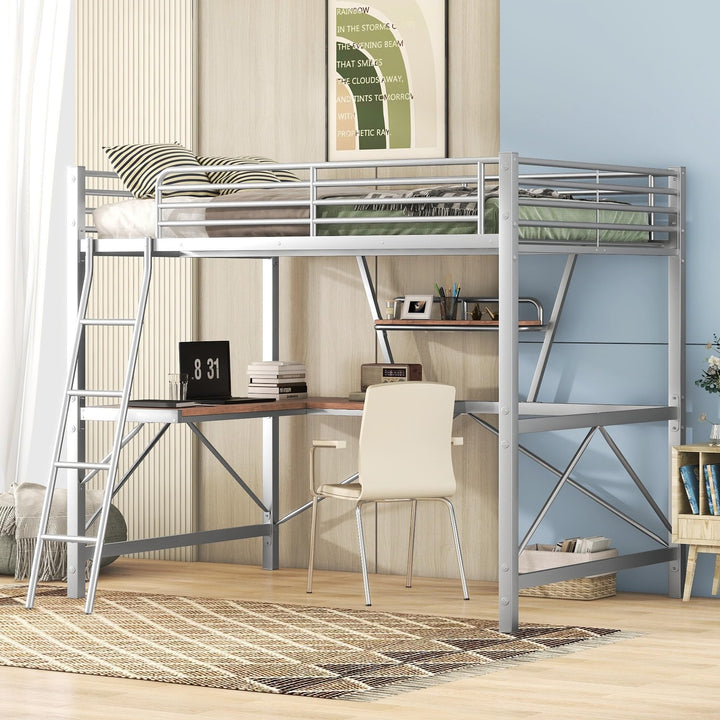 Full Size Loft Bed with Desk and Shelf Sturdy Metal Frame Safety for