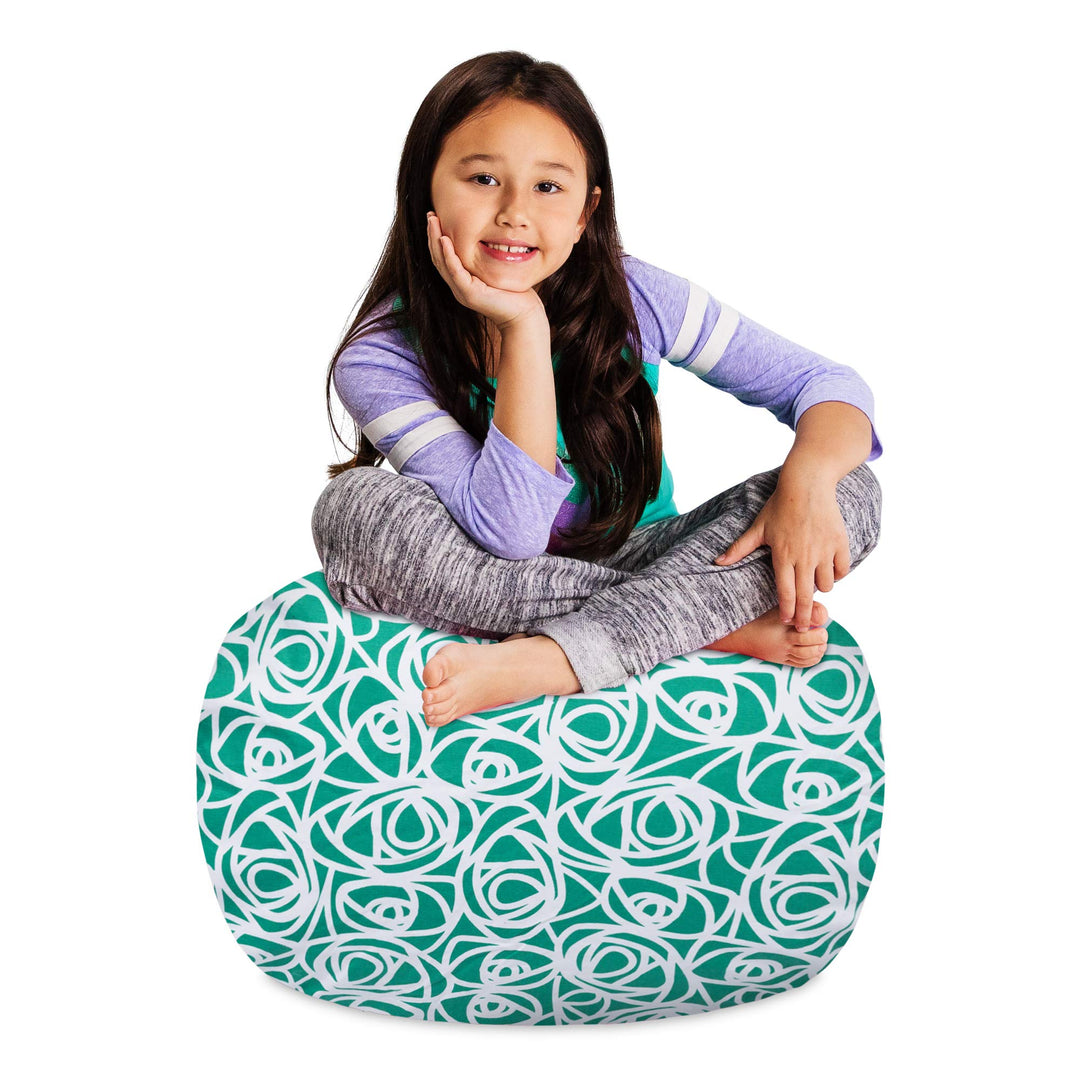 Posh Creations Kids Stuffed Animal Storage Bean Bag Chair Cover - Childrens Toy Organizer, Medium-27in, Canvas Roses Mint