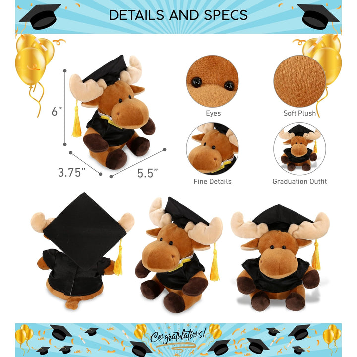 Moose Graduation Plush Toy with Gown and Cap Tassel 6 Inches Black Brown Polyester