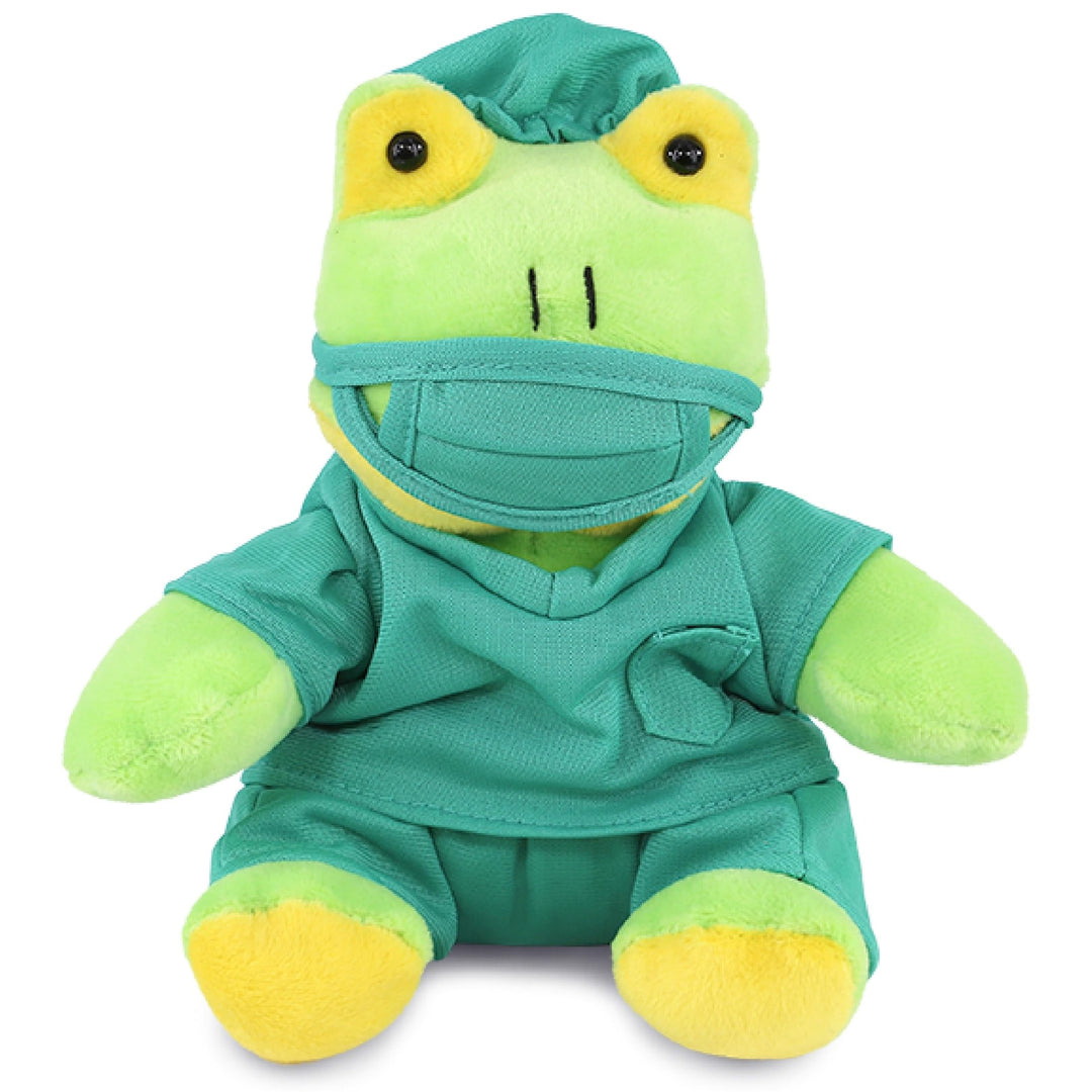 Frog Doctor Plush Toy with Cute Scrub Uniform and A Cap Outfit 6 Inches Green Polyester