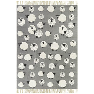 Wooly Kids Sheep Area Rug 5'3" X 7' Black Grey White Animal Novelty Tween Rectangle Cotton Latex Free Handmade