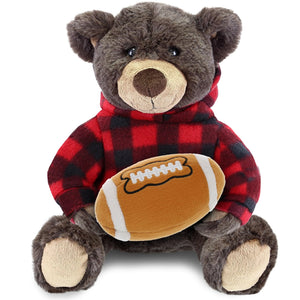 Brown Bear Stuffed Toy W/Red Plaid Hoodie with Football Plush 10 Inches Black Polyester