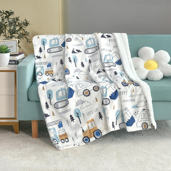 Printed Soft Flannel Fleece Throw Sherpa Kids Blanket 40 X 50 Inch Cartoon Truck with White Base Graphic Print Modern Contemporary Boys Reversible