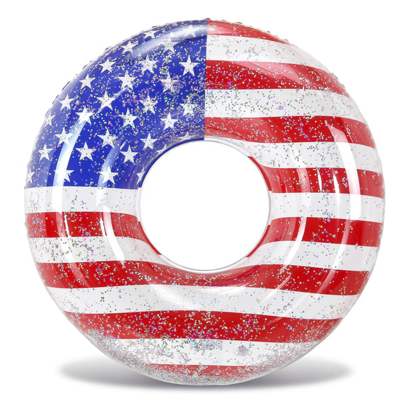 Inflatable USA Flag Giant Pool Float Tube with Sparkle Confetti 48 Inches Blue Red White Plastic