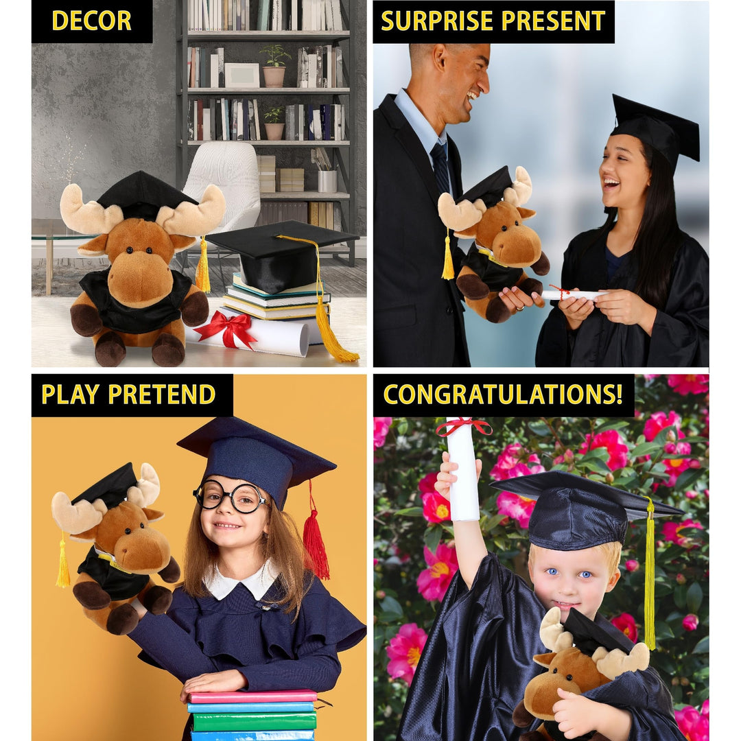 Moose Graduation Plush Toy with Gown and Cap Tassel 6 Inches Black Brown Polyester