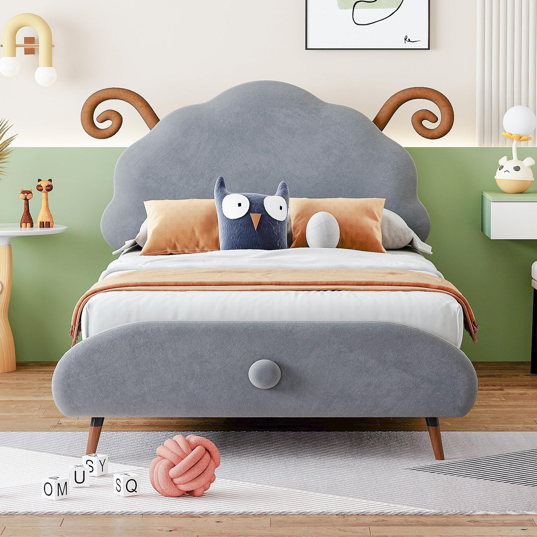 Twin Size Velvet Upholstered Platform Bed with Sheep-Shaped