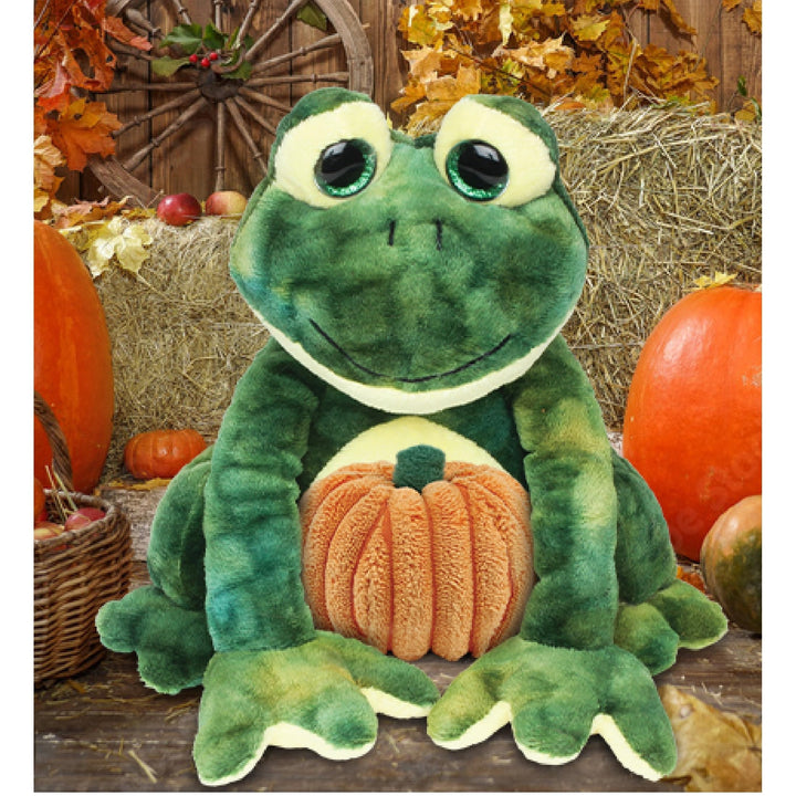 Squat Frog Stuffed Animal with Pumpkin 10.5 Inches Green Orange