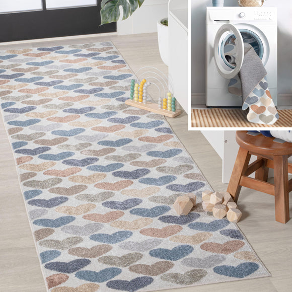 JONATHAN Y KDW101A-28 Dila Modern Hearts Geometric Machine-Washable Indoor Runner Rug, Kids & Novelty, Modern, Vintage, Bedroom, Kitchen, Living Room, Easy-Cleaning, Non-Shed, Ivory/Blue/Orange, 2 x 8